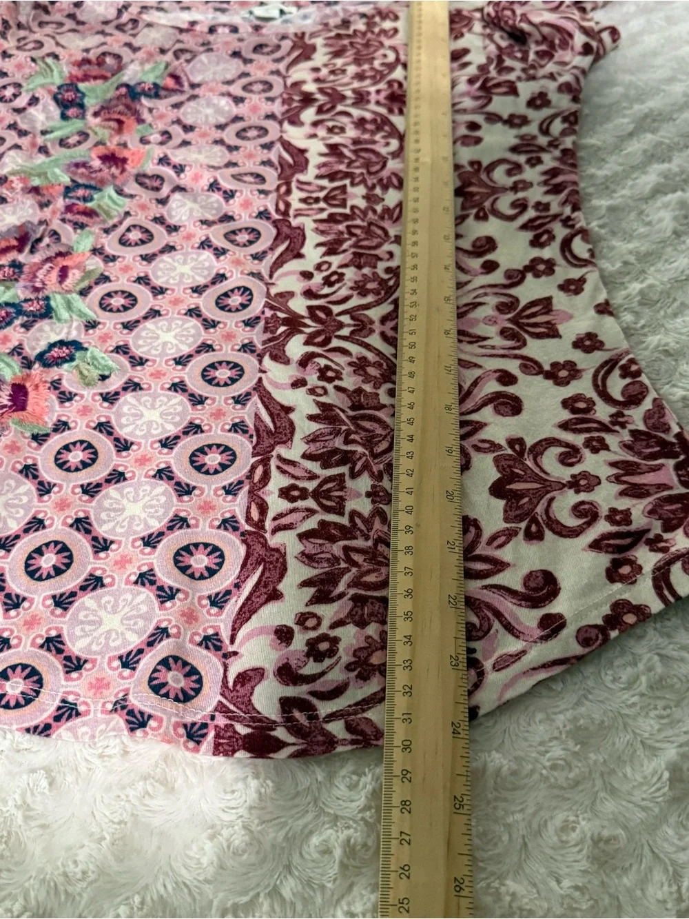Sundance Long Sleeve Floral Patchwork Tee in Pink, Burgundy, Green
